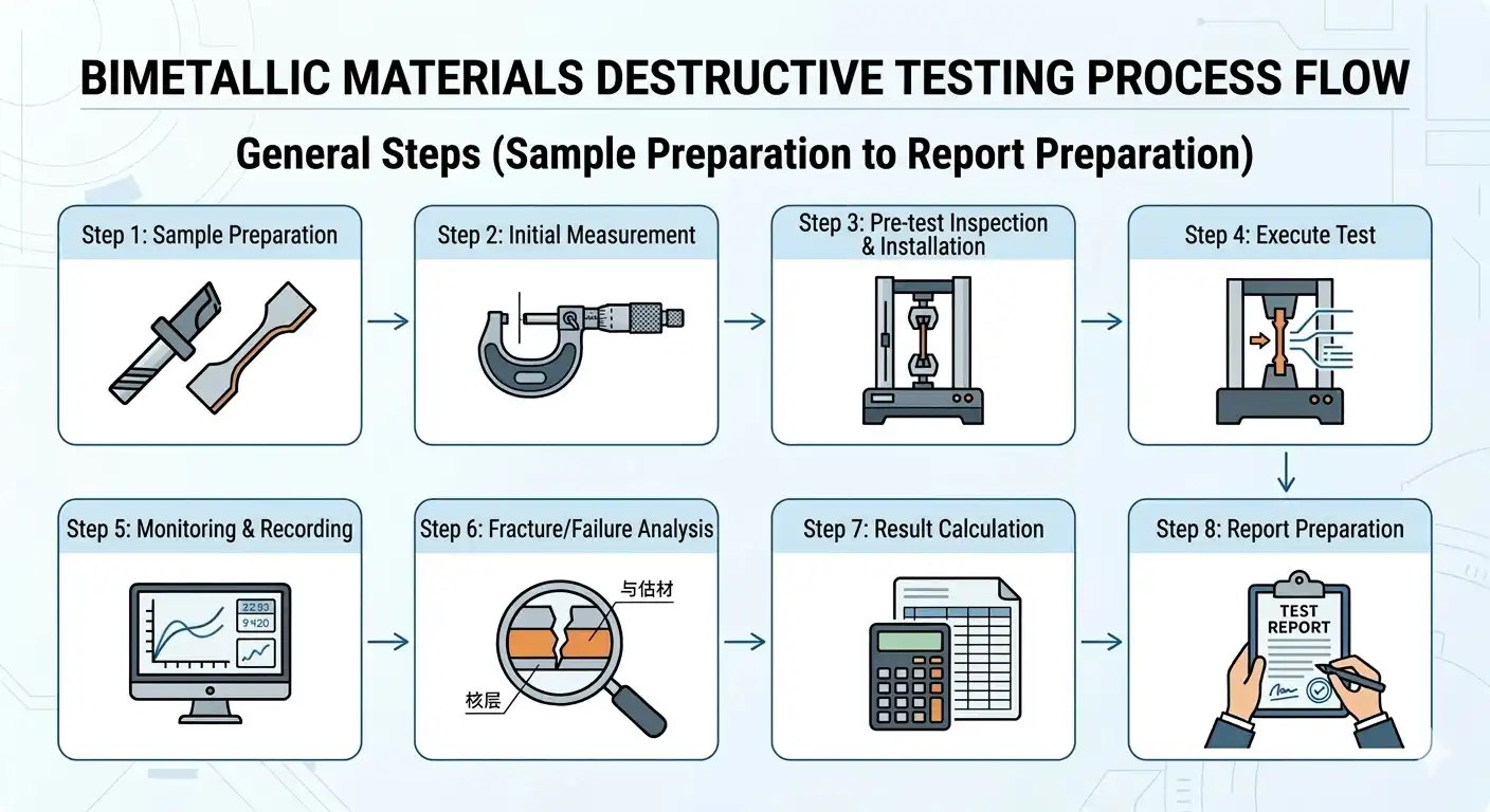 Standard destructive testing flowchart including peel testing, bend testing, metallographic analysis steps