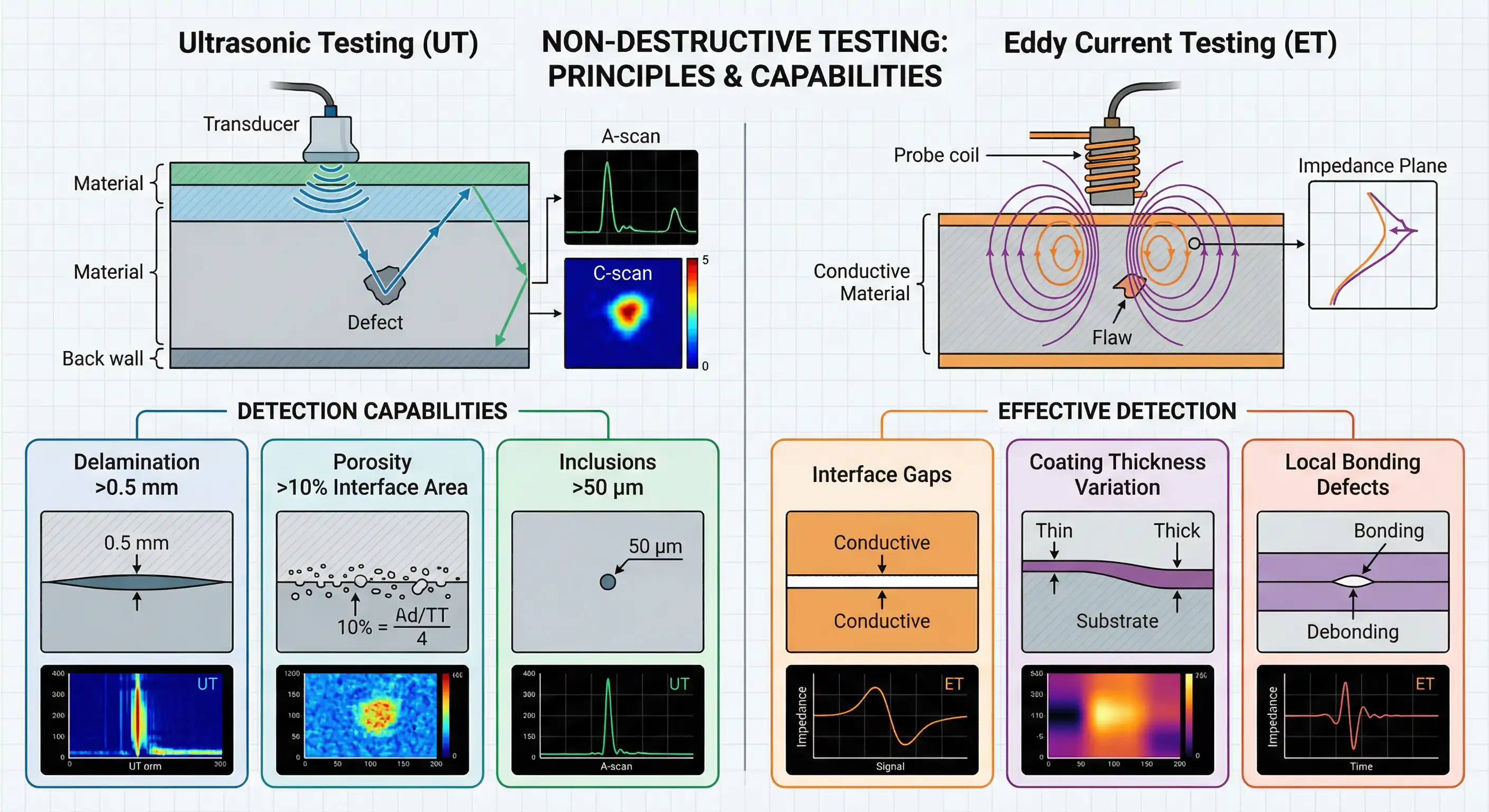 Schematic of ultrasonic testing (UT) and eddy current testing (ET) principles with typical inspection results