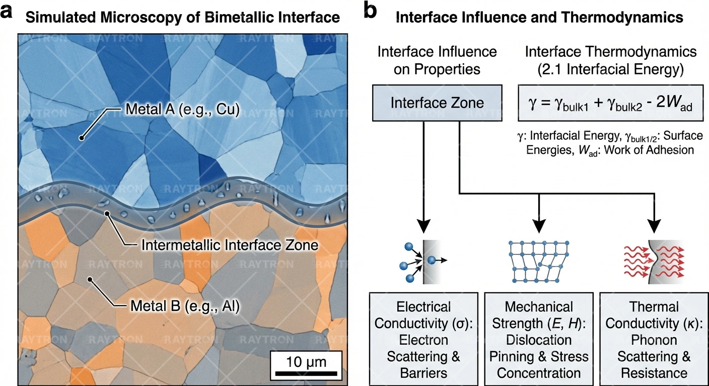 界面影响示意图，展示对导电、机械、热性能的影响